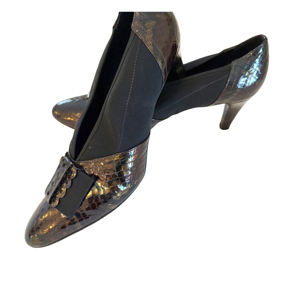 Prevata Brown Croc Embossed Leather Bow Pumps Made in Italy Womens 9 B